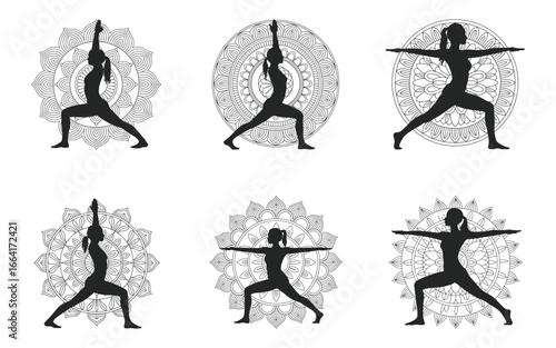 Six silhouettes of women performing various yoga poses with decorative mandala backgrounds