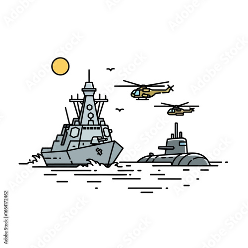 naval fleet featuring a destroyer submarine and helicopters during daytime maneuvers symbolizing military strength and modern maritime strategy
