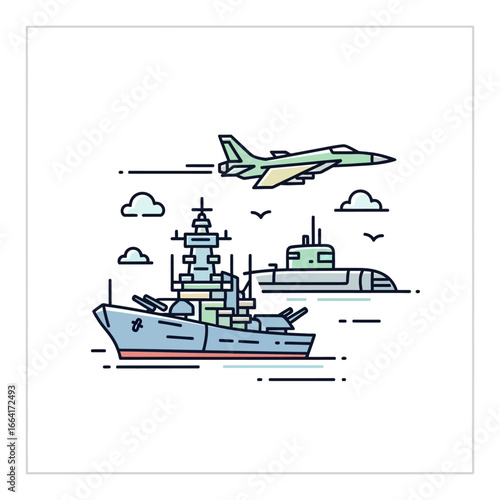 naval forces featuring a fighter jet flying over a battleship and submarine against a white background ideal for military history or defense concepts.