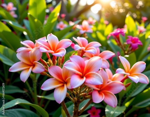 A vibrant display of pink and orange flowers blooming in full sunshine amidst lush green foliage.