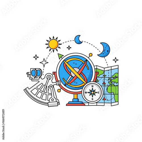 navigational tools aiding exploration including a globe sextant compass and map illustrating cartography and the spirit of discovery suitable for travel blogs