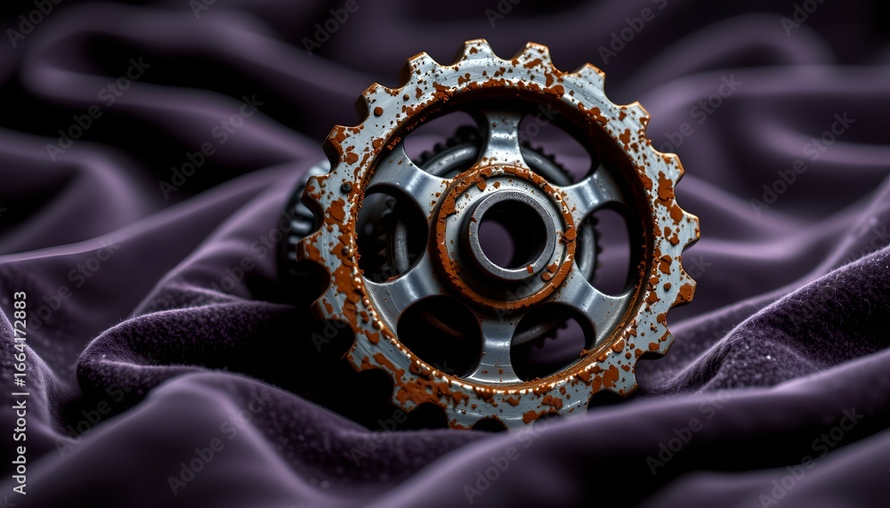 Fototapeta premium A detailed view of an intricate gear mechanism with a dark metal finish, set against a purple fabric background.