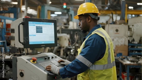 Worker operating a control panel in an industrial factory setting