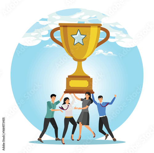 Team success achievement concept. Business people colleague celebrate award winning trophy together.