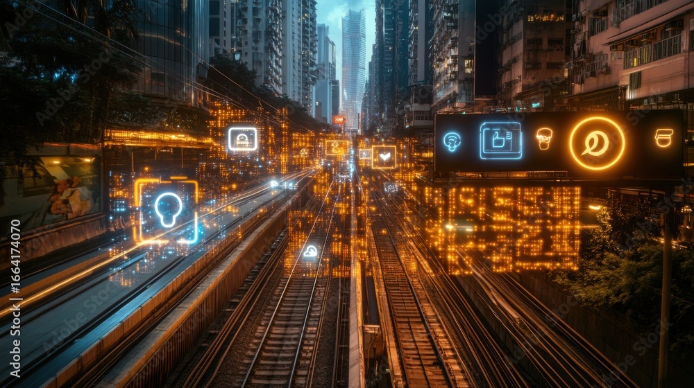 Obraz premium Futuristic Urban Cityscape with Social Media Icons