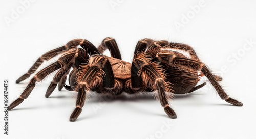 A large brown hairy tarantula spider shown from a side profile view, isolated on a clean white background.