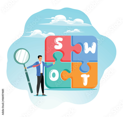 SWOT analysis concept. Businessman magnify analyze SWOT business jigsaw.