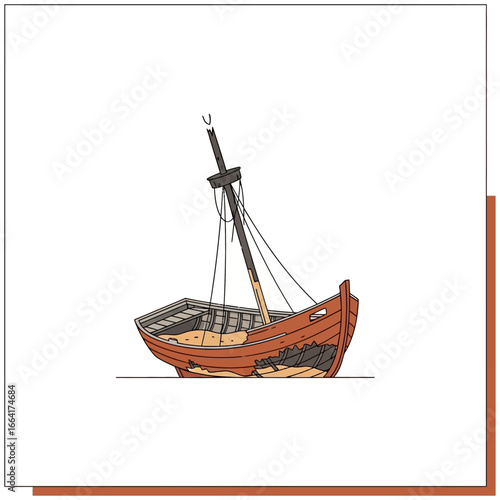 shipwreck illustration an old damaged fishing boat resting on the shoreline with broken mast conveying themes of decay and maritime history good for blogs and articles