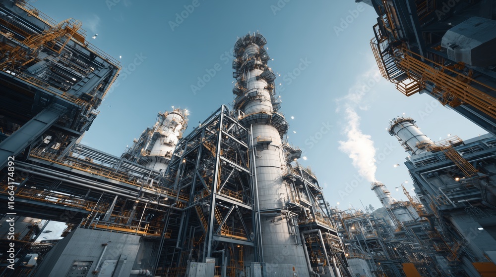Fototapeta premium Modern Petrochemical Refinery with Steel Towers, Pipes, and Industrial Infrastructure Under Blue Sky Representing Energy, Fuel, and Power