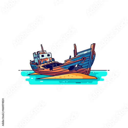 Shipwreck on a sandbar old fishing vessel washed ashore stranded on a sandy beach with turquoise water concept for environmental concerns and coastal erosion.