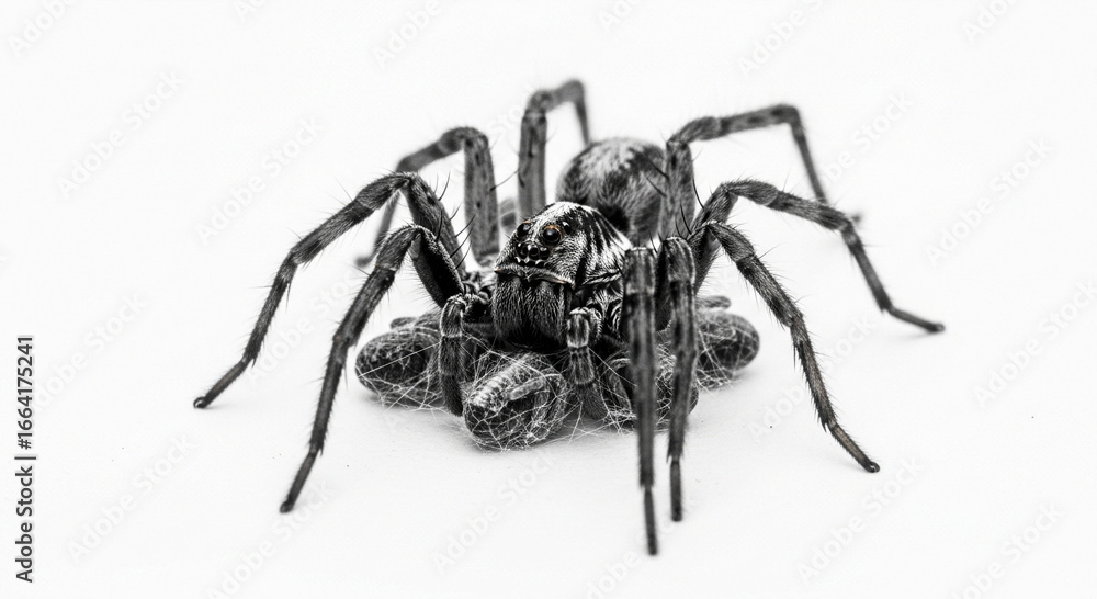 Fototapeta premium A detailed black and white close-up of a wolf spider carrying its numerous young spiderlings on its back, isolated against a plain background.