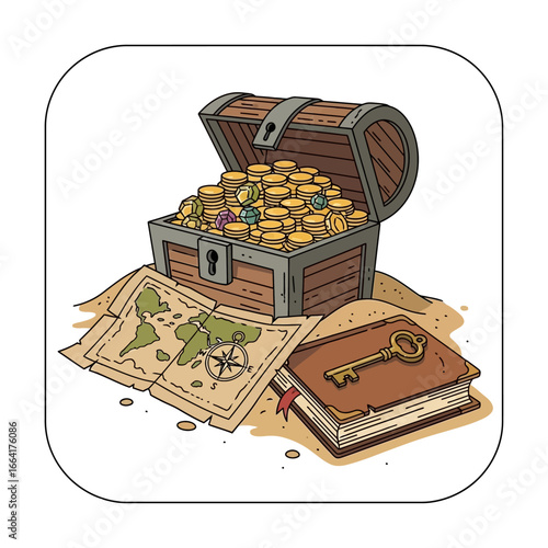 Treasure chest with gold coins a map and a key on a book amidst sand evoking adventure exploration and wealth ideal for illustrating tales of pirates hidden fortunes and thrilling quests.