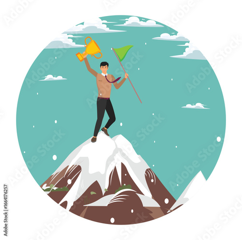 Success leadership to achieve goal. Businessman Celebrating Success on Mountain.