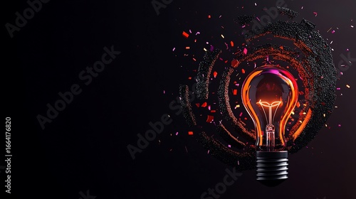 Glowing lightbulb on dark background with radiating circles and particle effects