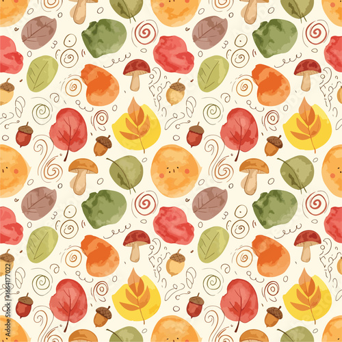 Seamless Pattern, Autumn season pattern illustration featuring colorful leaves, mushrooms, and acorns design Stock royalty free  image.
