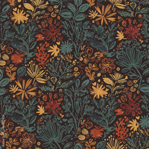 Seamless Pattern, Autumnal floral pattern with warm earth tones evoking a cozy nature scene Stock royalty free.