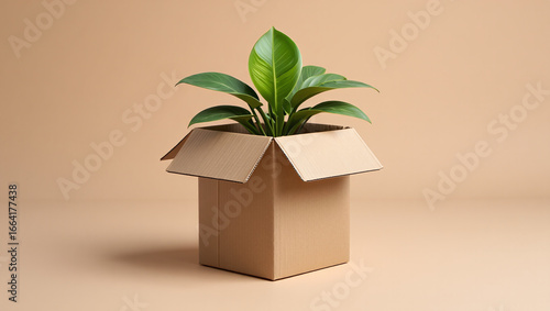 Vibrant green plant seedling emerging from an open cardboard box. A powerful symbol of growth, sustainability, eco-friendly packaging, and new beginnings
