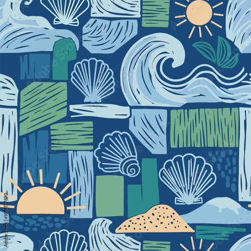 Seamless Pattern, Beach themed pattern with stylized waves, shells, and sun elements in blue and green Stock royalty free  image.