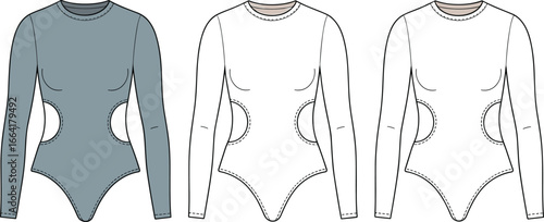 Women's long sleeve bodysuit designs, front view illustration, cut-out details, fashion apparel, trendy clothing, fitted style, modern design, versatile outfit, casual wear, seamless fit, elegant look