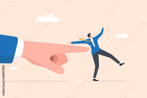 Businessman Pushed Forward by Giant Hand with Pointing Finger, symbolizing pressure, motivation, or challenge to move ahead in business