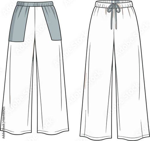 White wide leg pants, elastic waist, front and back views, casual comfortable pants, drawstring detail, loose fit, summer fashion, stylish trousers, modern design, women's clothing