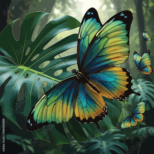 Seamless Pattern, Colorful butterflies flutter among lush monstera leaves in a vibrant tropical scene Stock royalty free  image.
