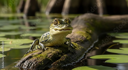 Green Frog Resting on Log in Pond.