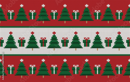 Knitted pattern seamless fabric Christmas tree and gift. traditional knitted pattern vector. Designed for knitted pattern ,fabric ,background ,wallpaper ,Christmas ,embroidery ,carpet ,textile