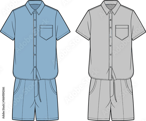 Men’s summer casual set, short sleeve shirt, matching shorts, button-down collar, front pocket detail, elastic waist pants, fashion sketch, vector apparel, clothing design illustration