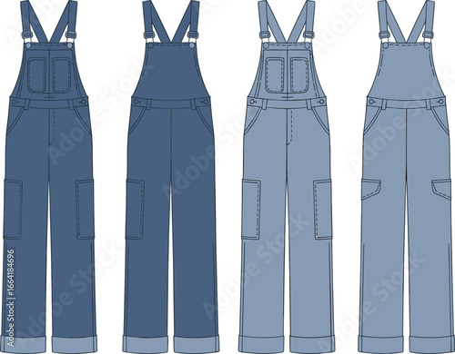 Denim overalls flat sketch, casual workwear pants, adjustable straps design, side pockets detail, unisex fashion illustration, technical clothing drawing, vector apparel template