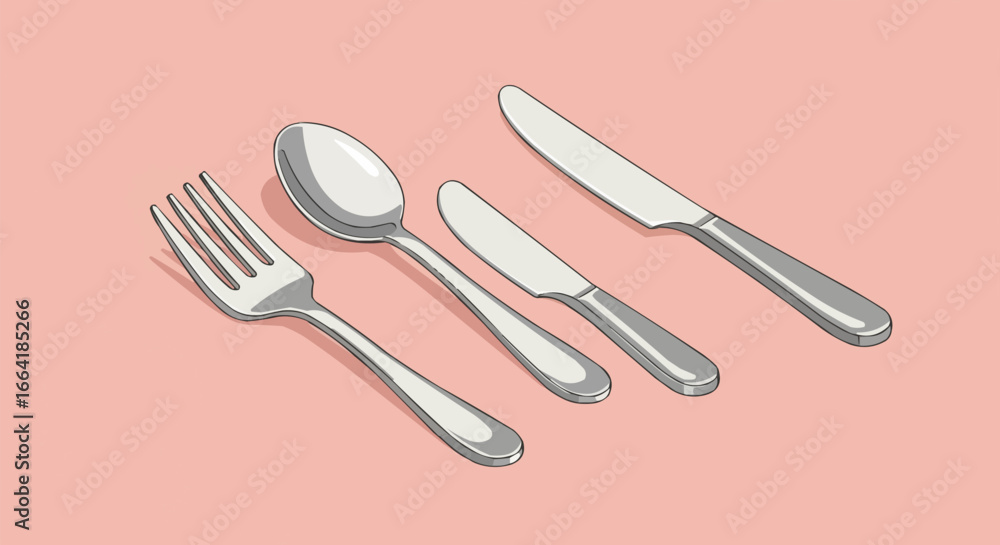 Fototapeta premium Dining Cutlery Collection: Fork, Spoon, and Two Knives on Minimalist Pink Background