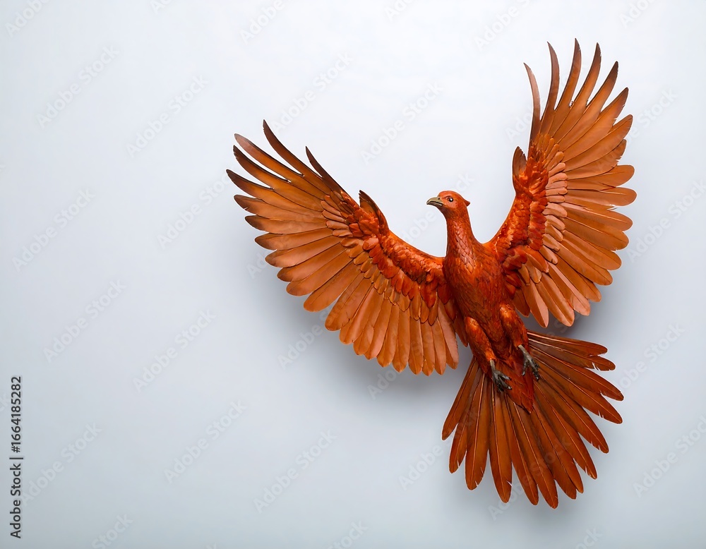 Obraz premium A vibrant orange bird in flight, wings spread wide against a muted gray backdrop