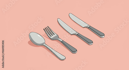 Spoon, Fork, and Knives Cutlery Set Illustration on Pink Background