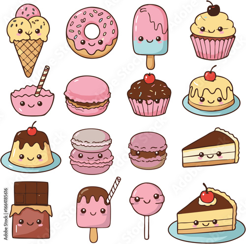 Cute cartoon illustration featuring a collection of various sweet treats, including ice cream, donuts, cupcakes, macarons, cake slices, and chocolate bars, a...
