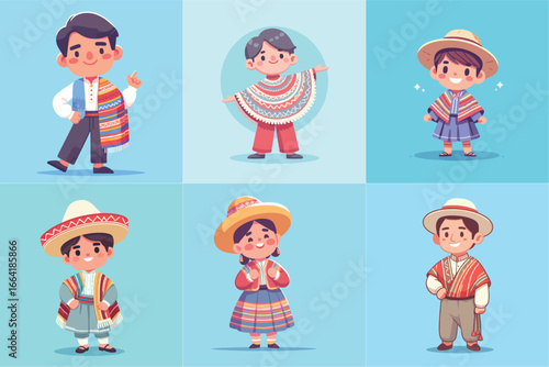 illustration set of cartoon character wearing traditional Peruvian clothing