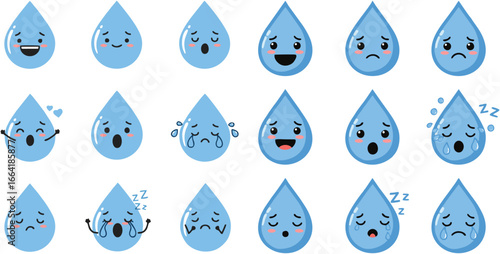 Collection of cute cartoon water droplets expressing various emotions.