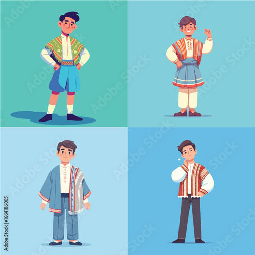 illustration set of cartoon character wearing traditional Peruvian clothing