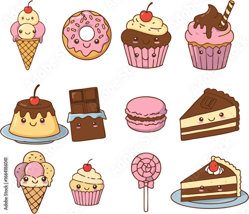 Cute cartoon sweets and desserts arranged in a grid pattern.