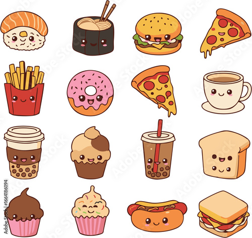 Adorable kawaii food illustrations: sushi, burgers, pizza, donuts, and more.