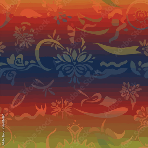 Seamless Pattern, Abstract floral pattern with colorful watercolor stripes in warm sunset hues Stock royalty free image.