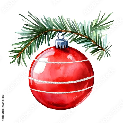red christmas bauble hanging on pine branch isolated on white