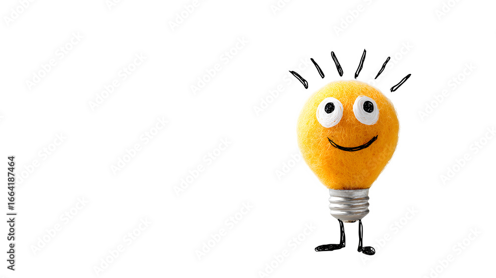Obraz premium A doodle toy with a lightbulb for a head and a happy, thoughtful expression, isolated on a Transparent Background
