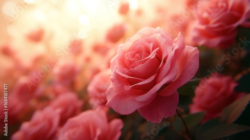 Soft pink rose flower bloom in garden with warm sunlight and blurred background creating romantic nature close up petal scene full of peaceful beauty and charm