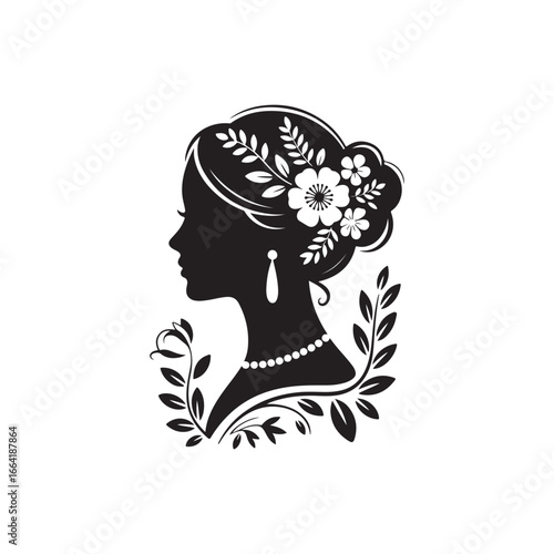 Elegant black silhouette profile of a woman with flowers and jewelry adornment silhouette