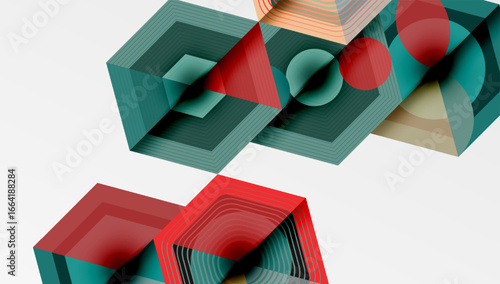 Abstract geometric composition. Hexagonal shapes overlap, creating layered illusion. Red, teal, beige hues dominate design. Minimalist style.