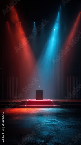 Stage prepared for a political debate with dramatic lighting and podium set at an indoor venue in the evening