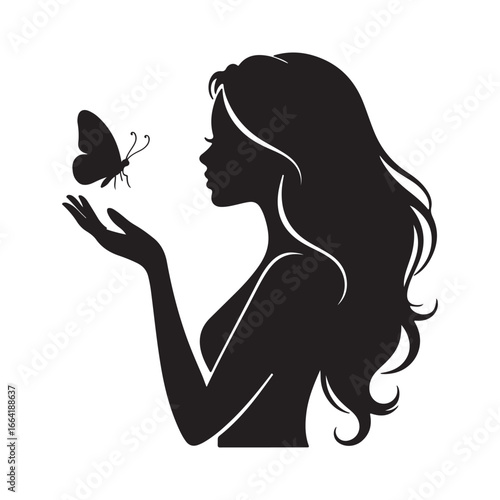 Elegant silhouette of a woman's profile admiring a butterfly on her open hand silhouette