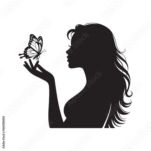 Silhouette of a woman admiring a butterfly landing on her hand delicate nature connection silhouette