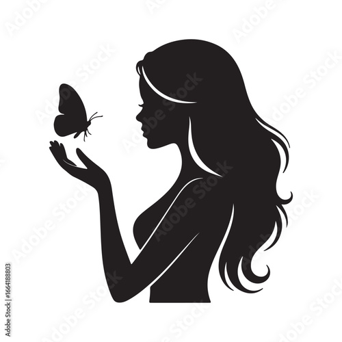 Silhouette of a woman admiring a butterfly on her hand elegant beauty symbolizing nature connection silhouette
