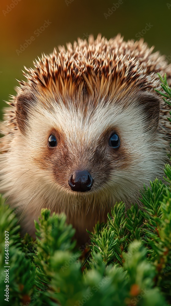 Fototapeta premium Hedgehog foraging among green foliage in a natural setting during golden hour